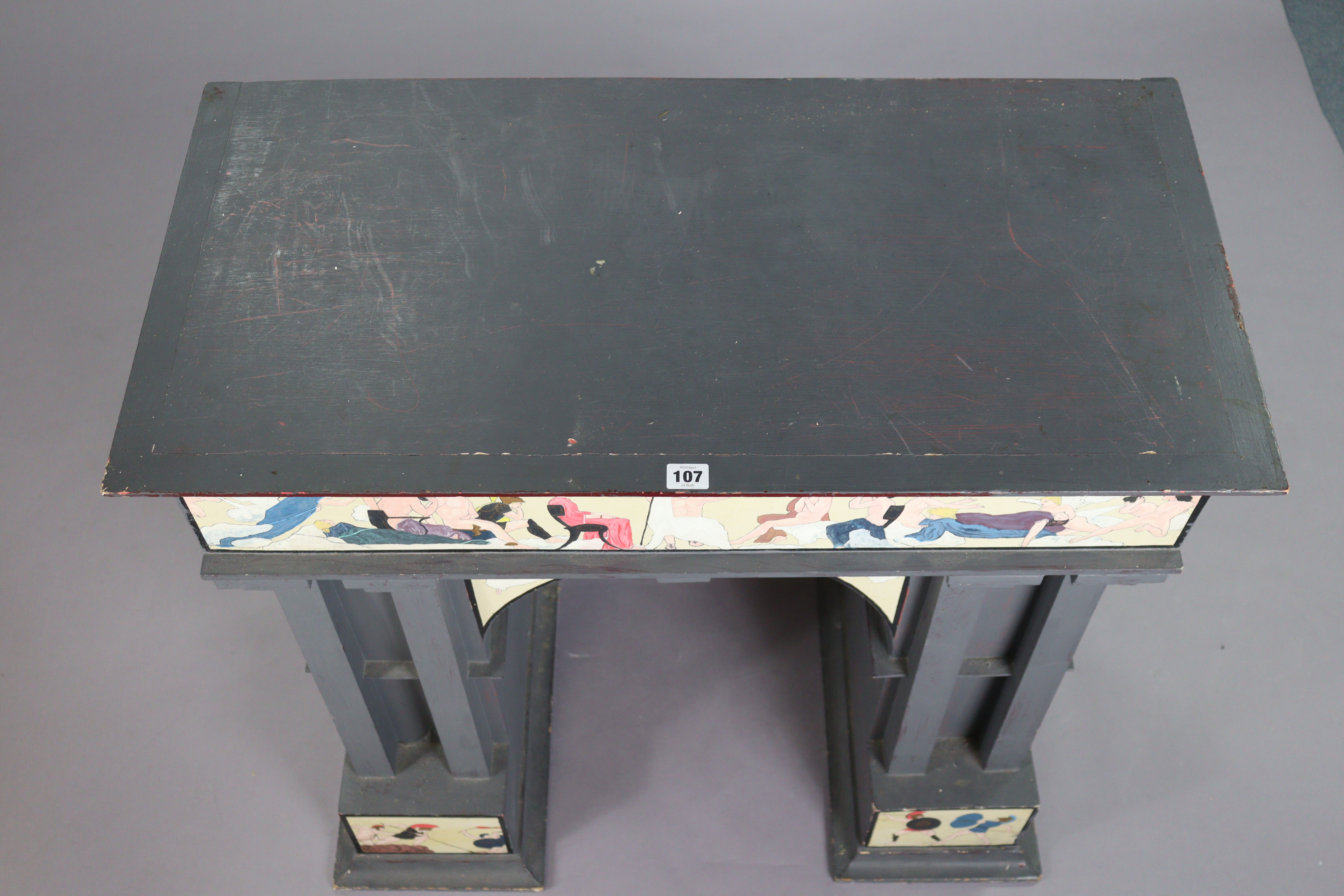 A 19th century-style grey painted wooden hall table with figure-scene decoration to the frieze & - Image 4 of 6