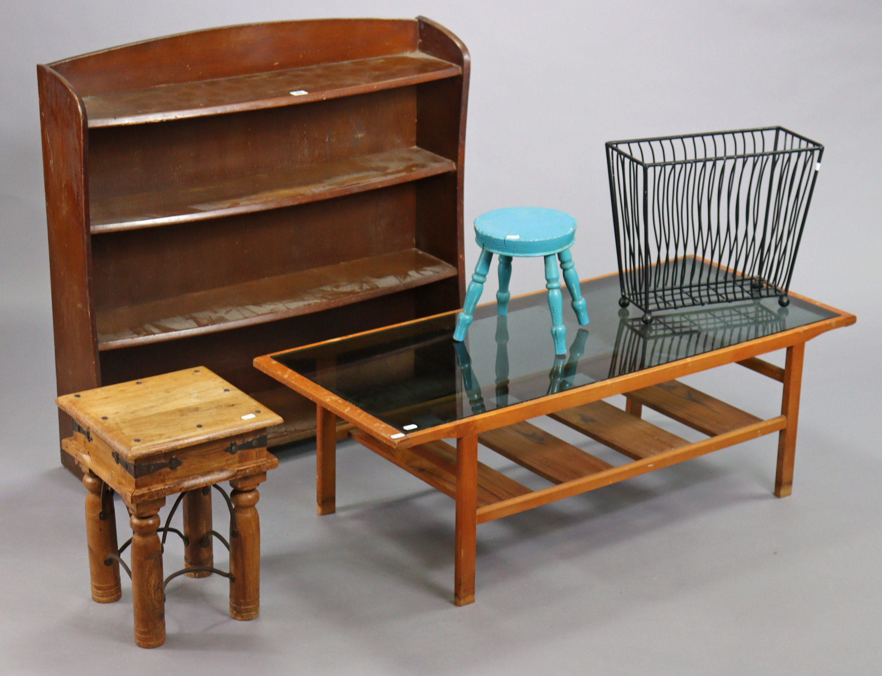 A Remploy mahogany bow-front four-tier dwarf standing open bookcase, 91cm wide x 90cm high; a Myer’s