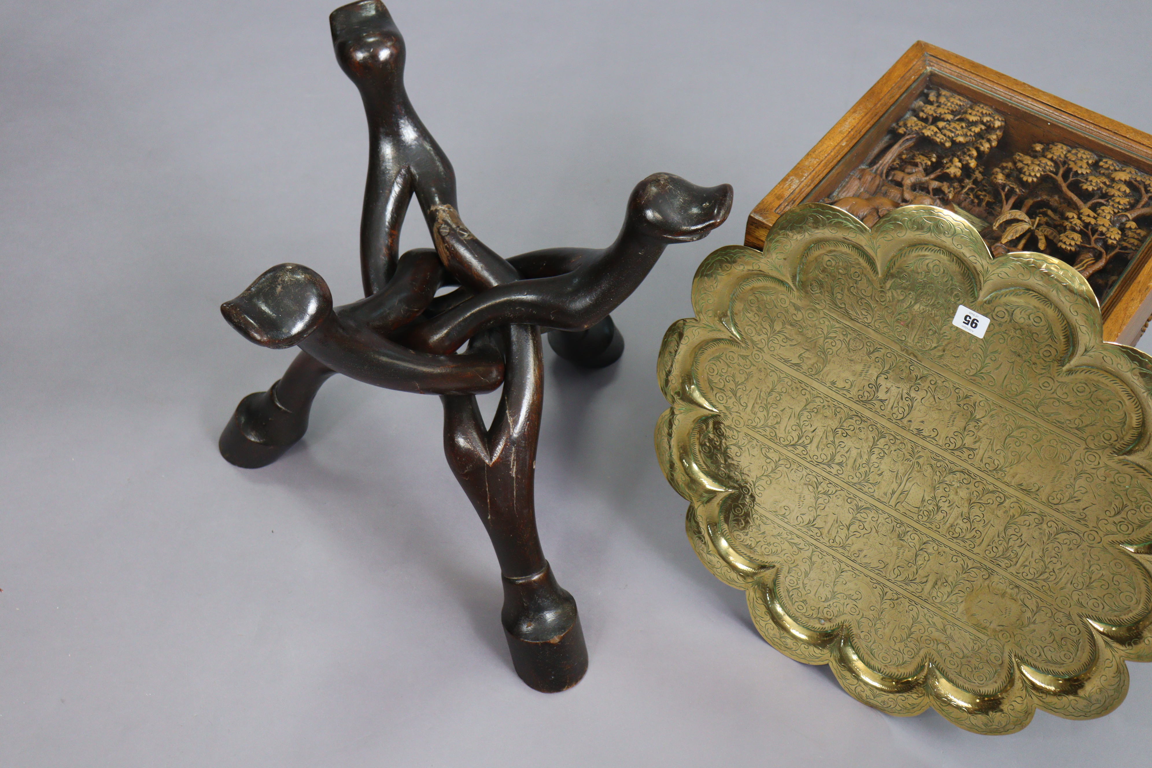 An eastern brass engraved circular occasional table on a wooden folding stand, 59cm diameter x - Image 5 of 5