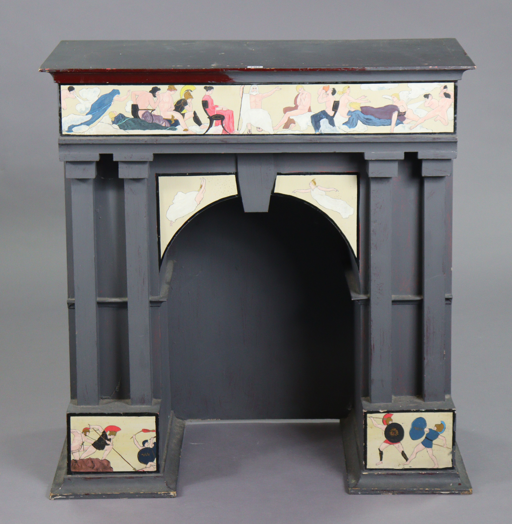 A 19th century-style grey painted wooden hall table with figure-scene decoration to the frieze &