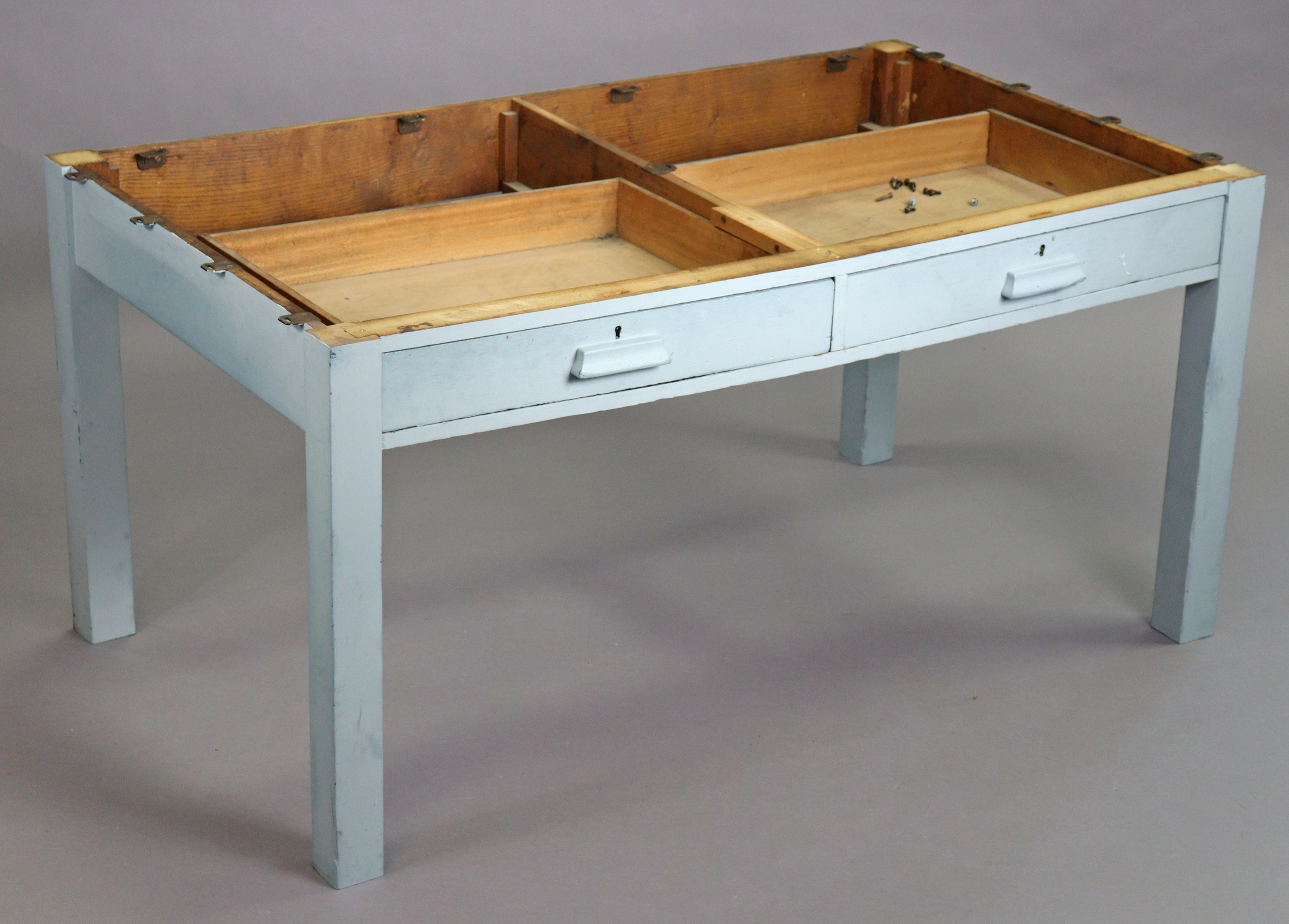 An oak kitchen table with a rectangular top, the pale blue painted underframe fitted two frieze - Image 5 of 7