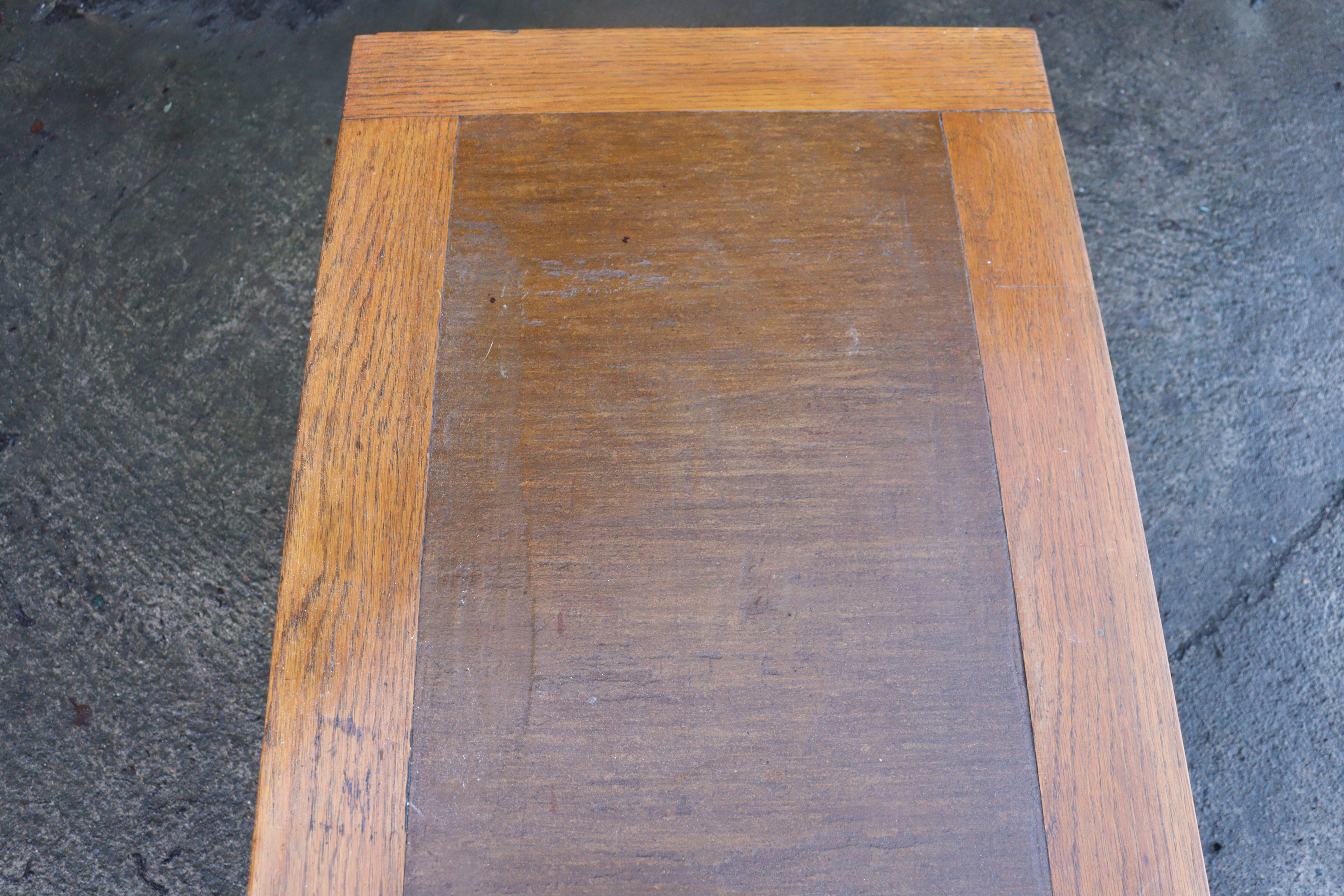 An oak office writing table inset brown leather to the narrow rectangular top, & on four square - Image 8 of 8