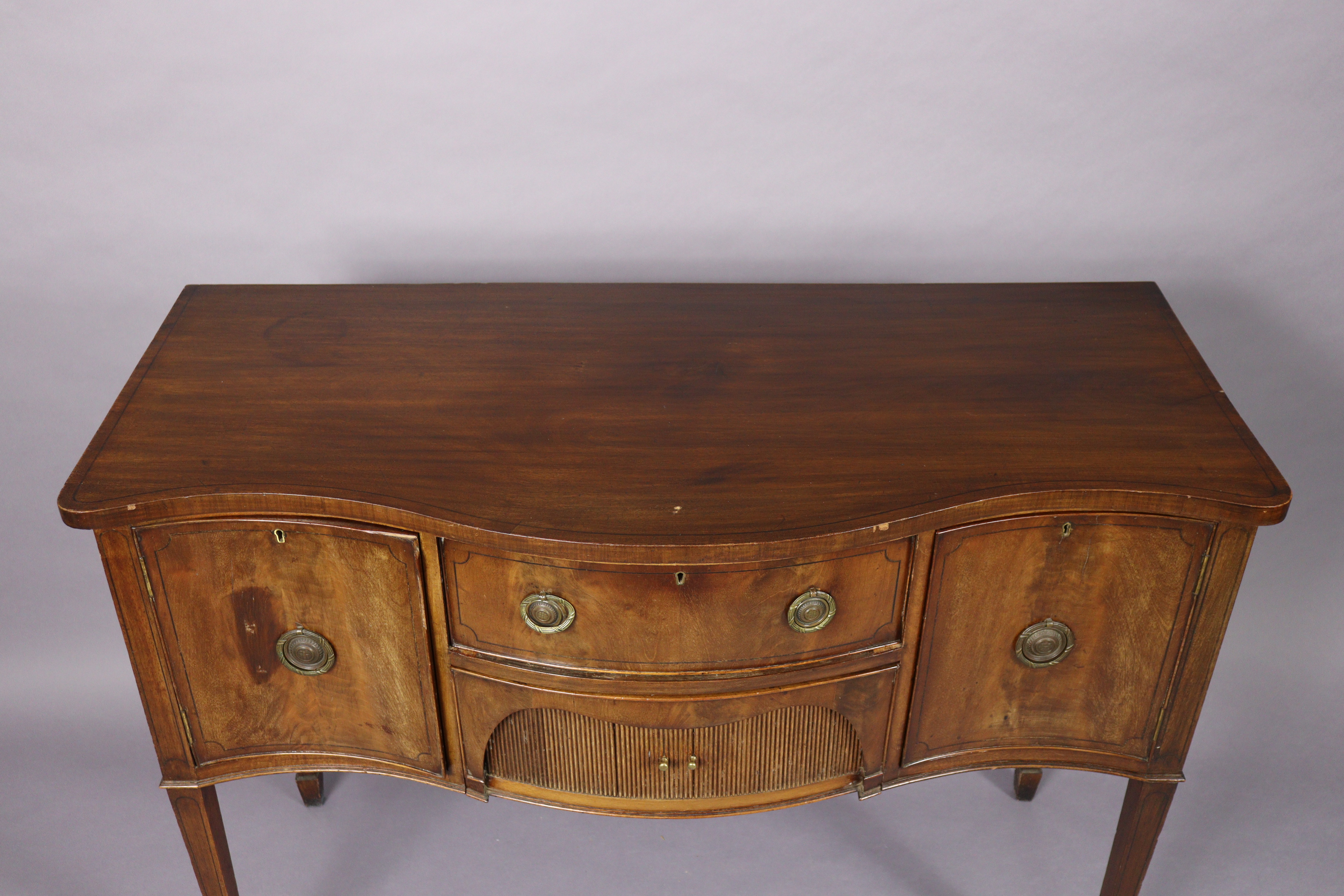 A late 19th century regency-style inlaid-mahogany sideboard, of serpentine shape, fitted two deep - Image 3 of 3