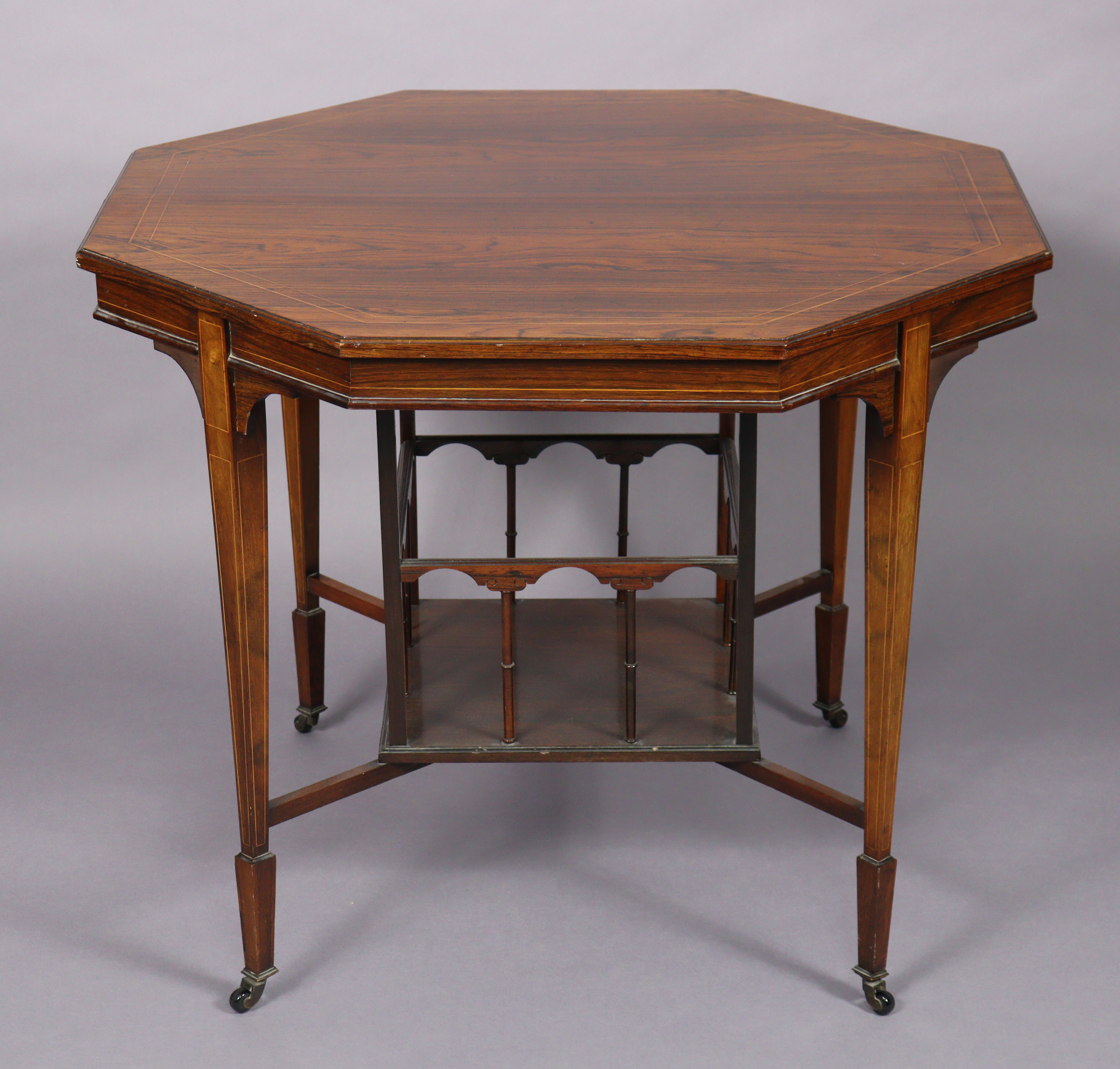 A Victorian rosewood octagonal centre table, the figured top with boxwood inlay & moulded edge, - Image 3 of 3