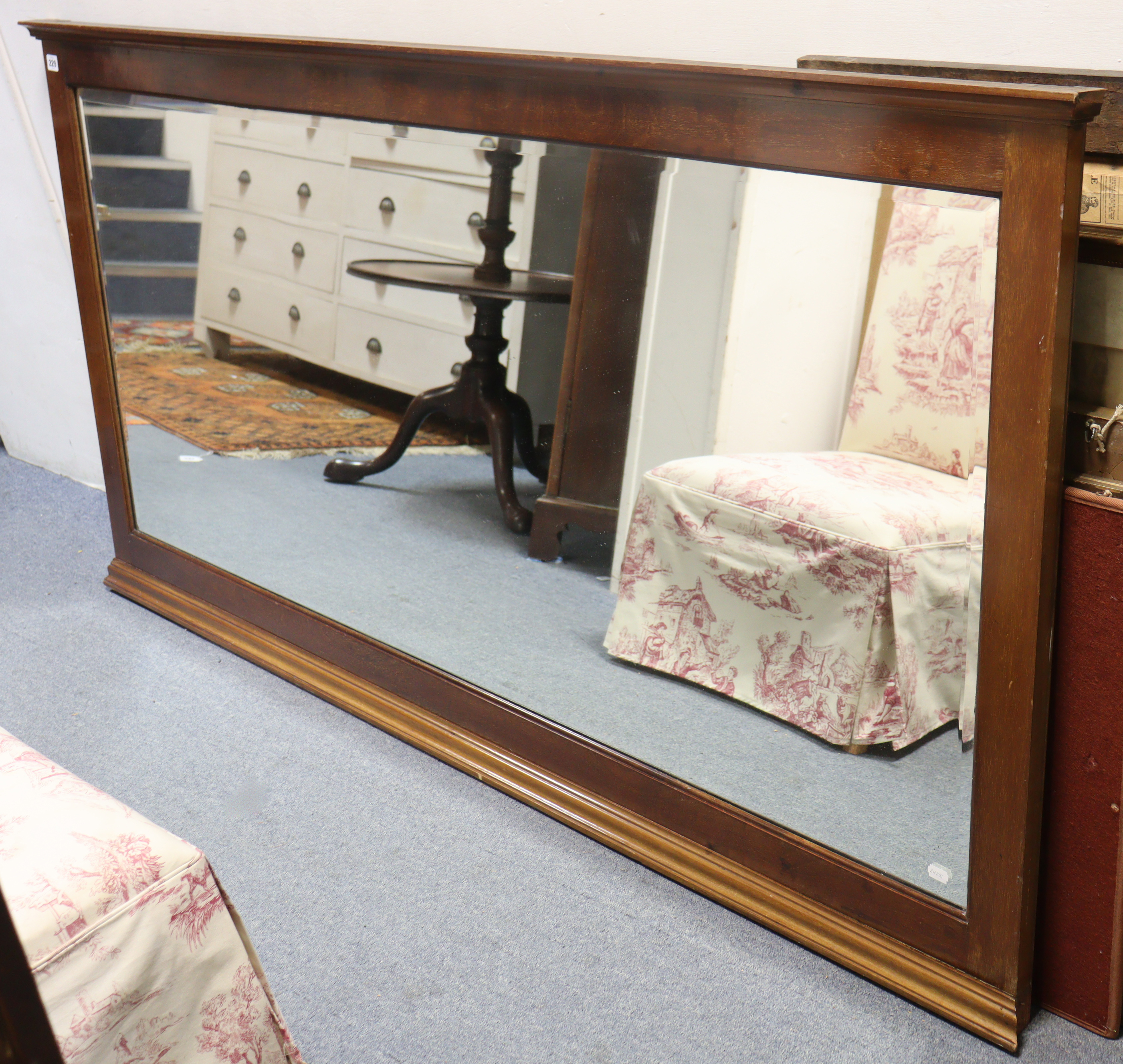 A large mahogany frame rectangular wall mirror inset bevelled plate with moulded borders, 180cm wide