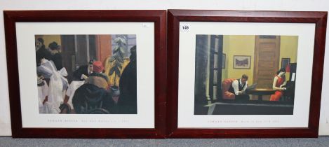 A pair of coloured prints after Edward Hopper titled ”New York Restaurant C. 1922”, 39cm x 49cm,