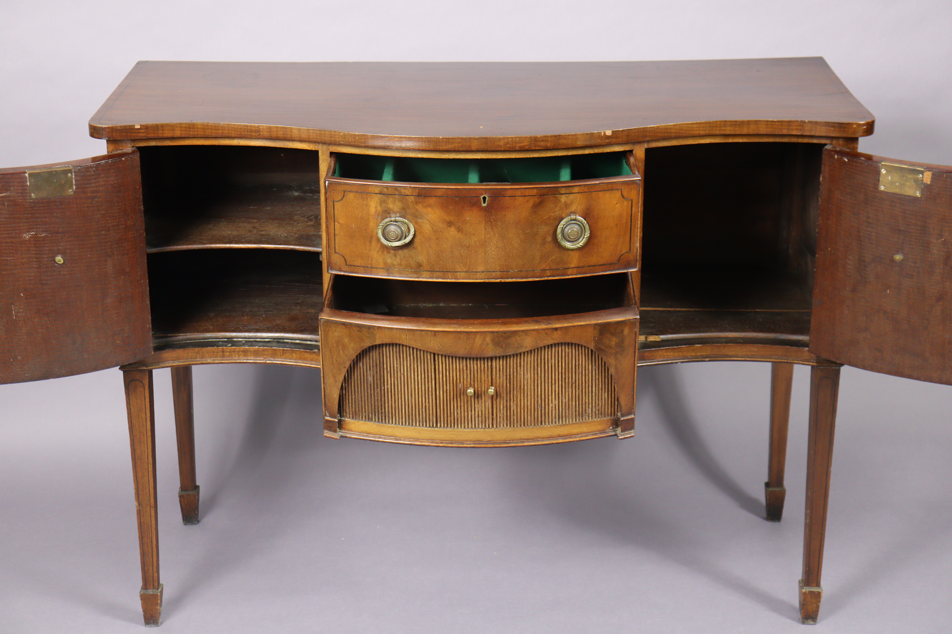 A late 19th century regency-style inlaid-mahogany sideboard, of serpentine shape, fitted two deep - Image 2 of 3