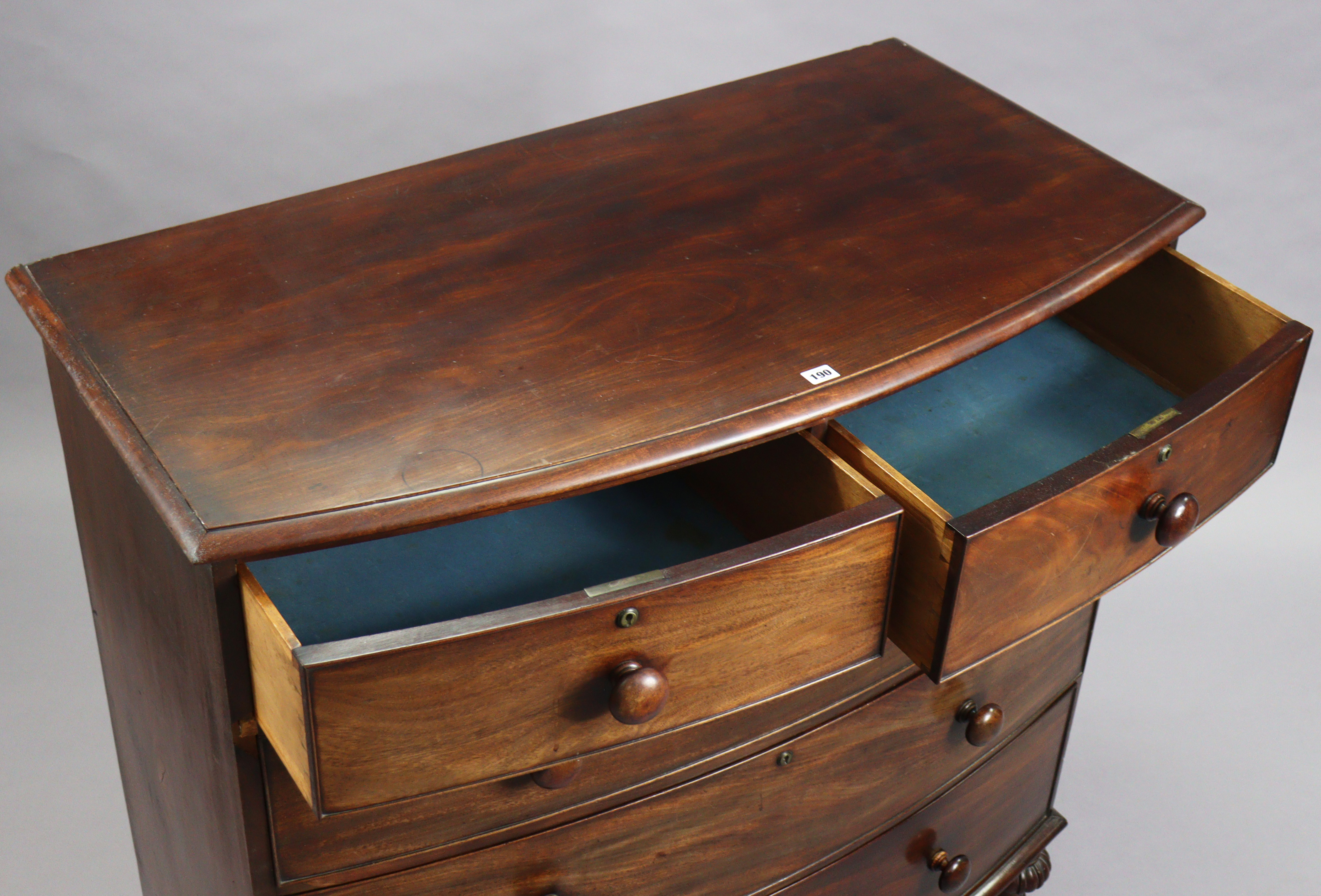 A 19th century mahogany bow-front chest fitted two short & three long graduated drawers with - Image 3 of 8