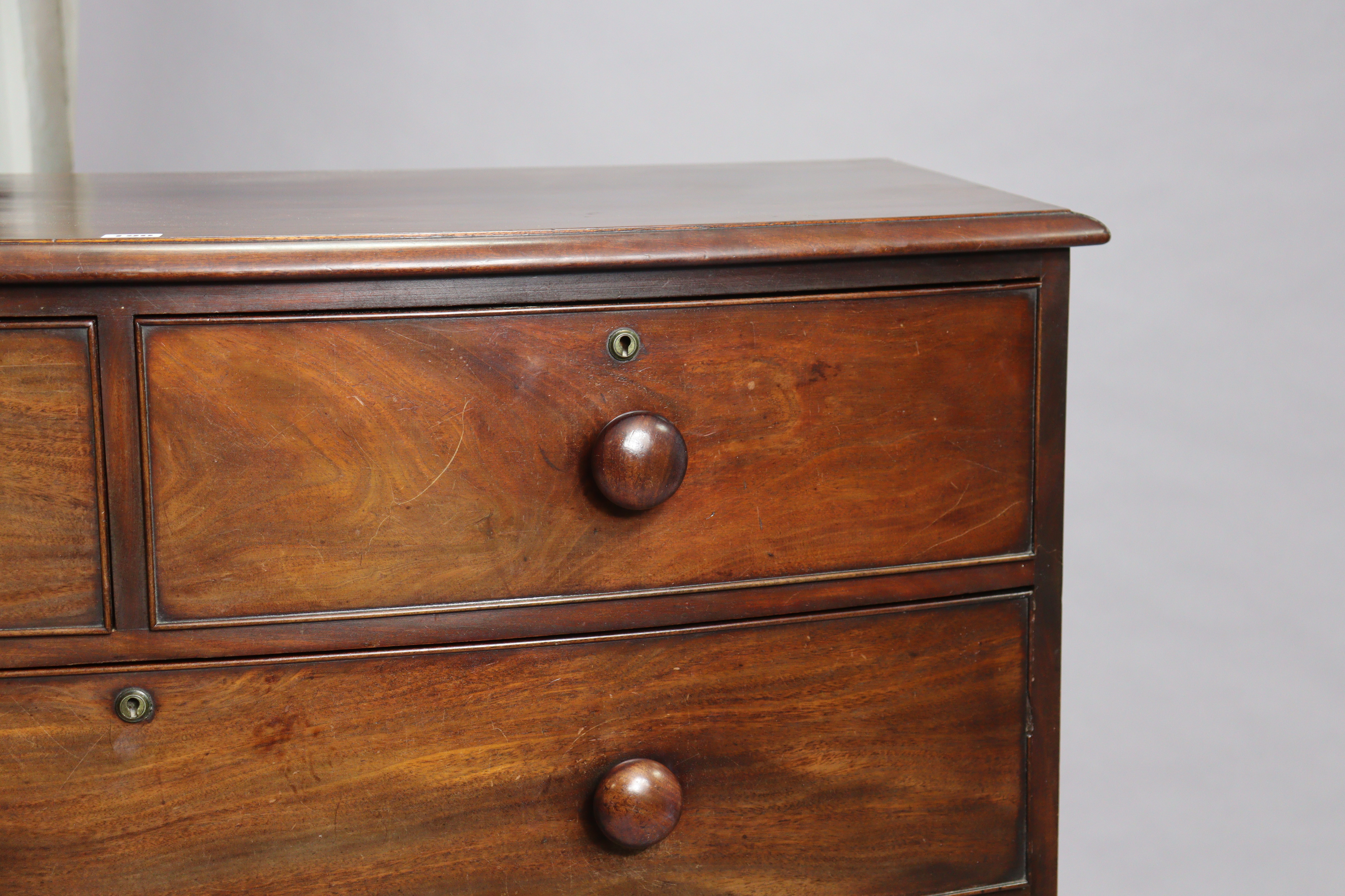 A 19th century mahogany bow-front chest fitted two short & three long graduated drawers with - Image 5 of 8
