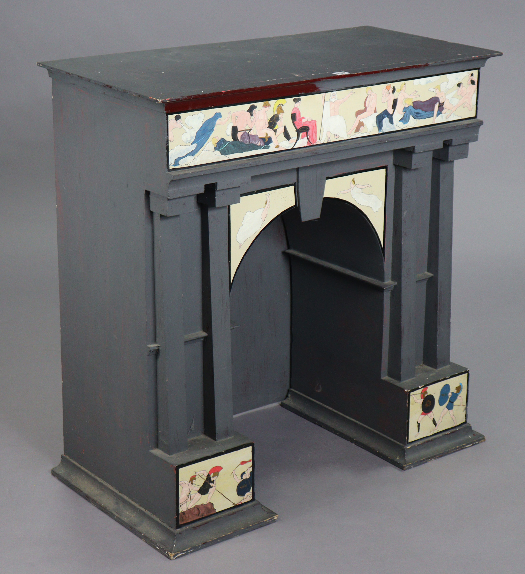 A 19th century-style grey painted wooden hall table with figure-scene decoration to the frieze & - Image 5 of 6
