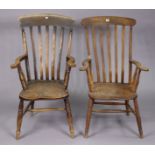 Two late 19th/Early 20th century lath-back elbow chairs each with a hard seat, & on turned legs with