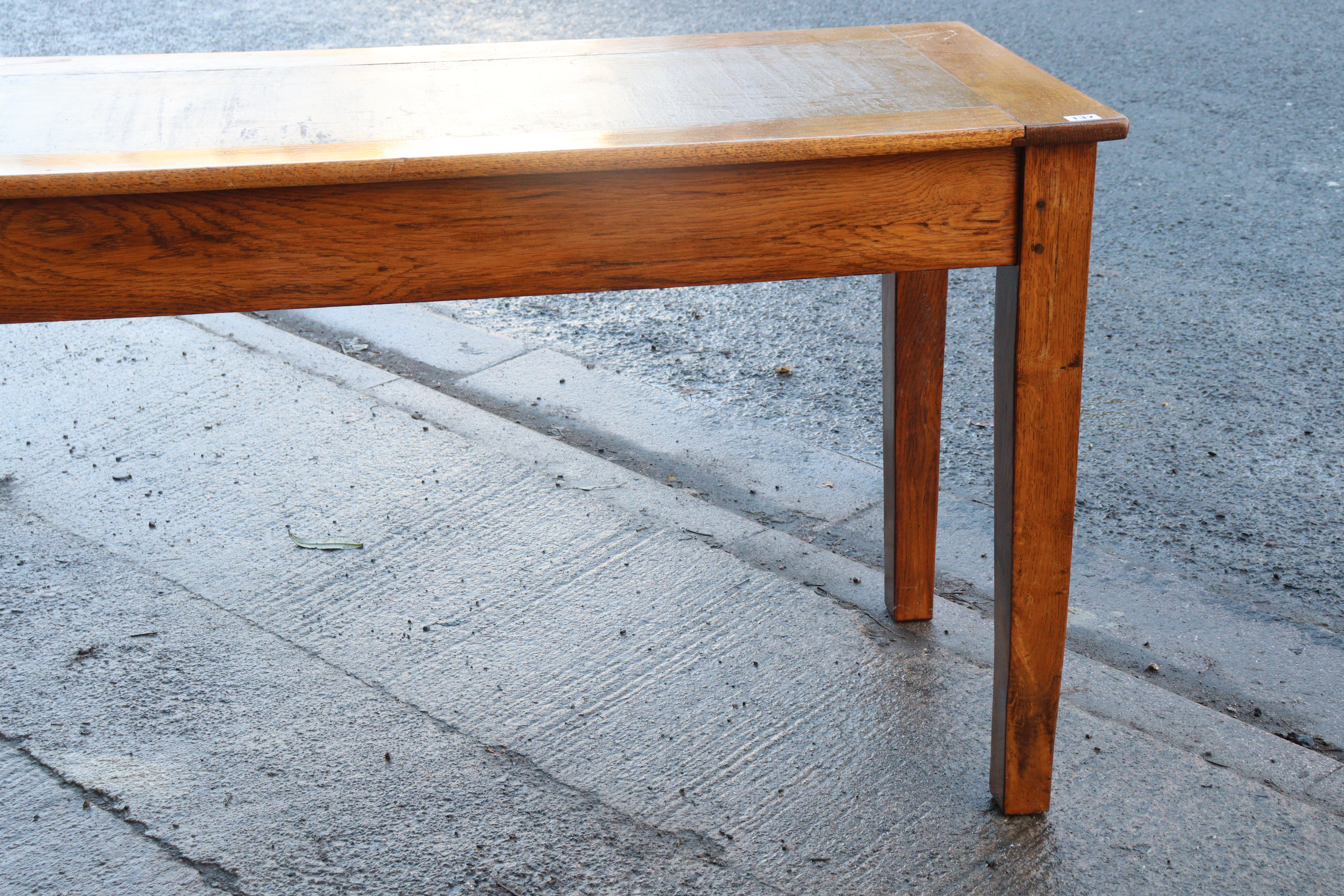 An oak office writing table inset brown leather to the narrow rectangular top, & on four square - Image 2 of 8