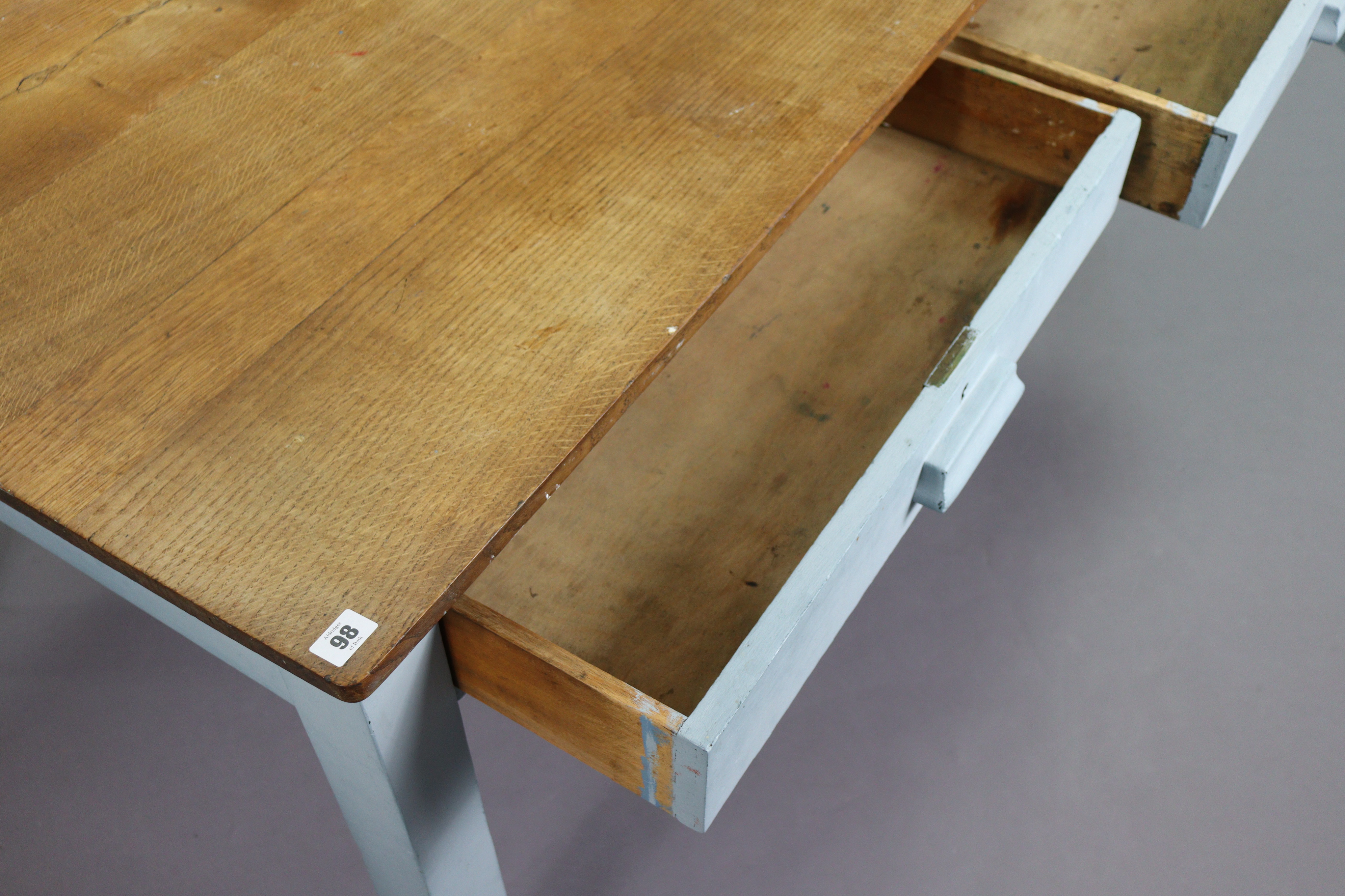 An oak kitchen table with a rectangular top, the pale blue painted underframe fitted two frieze - Image 3 of 7