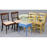 A pair of 19th century mahogany bow-back dining chairs; a blue painted wooden piano-stool; & a