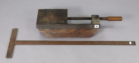 A vintage rosewood, oak, & beech frame-maker’s mitre clamp, 65.75cm long, & a vintage draftsmen’s