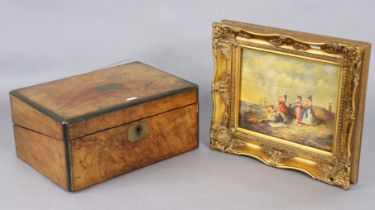 A 19th century walnut writing slope with a fitted interior 35cm wide (w.a.f.); & a modern picture in