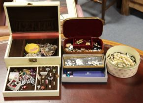 Various items of costume jewellery, contained in two jewellery boxes, & loose.