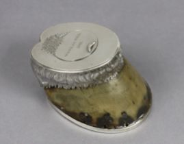 A Victorian pony-hoof inkwell with silver mounts, the hinged top inscribed “W.S.G.L. dd. W.G.L,