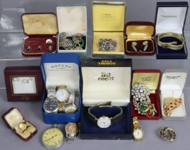 A yellow-metal necklace stamped “9K”; various items of costume jewellery, five wristwatches; & a