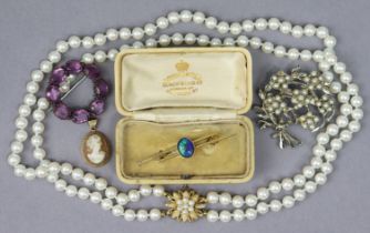 A 9ct gold & opal bar brooch, together with two other brooches, a string-of-pearls, and a camera