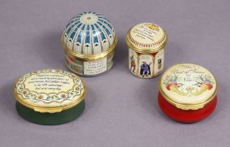 A Halcyon Days enamel egg-shaped box decorated with flowers & owls; together with four other Halcyon