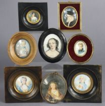 Eight various reproduction portrait miniatures, all framed.
