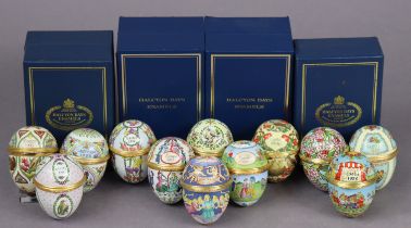 Eleven Halcyon Days enamel Easter-egg shaped boxes (1990-2000), four with boxes.
