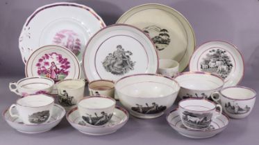 A collection of early 19th century English porcelain pink lustre-banded & bat-printed teaware,