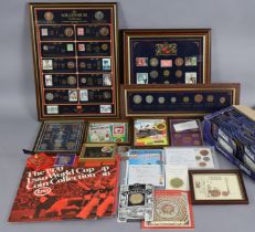 Various framed coin sets; commemorative crowns; collectable football tokens; & other coins & medals,