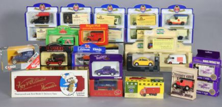 Approximately sixty various die-cast scale vehicles by Oxford, Corgi, Lledo, and others, each with a