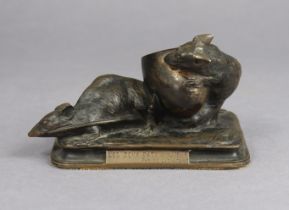 A French bronzed novelty inkwell in the form of the two rats & the egg after Aigon, bears plaque “