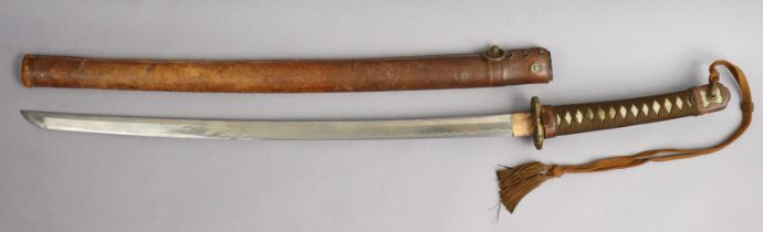 A JAPANESE KATANA, with military issue hardware & leather-covered sheath, having curved single-edge