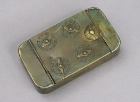 A brass rectangular snuff-box inset with four dials to the hinged lift-lid, engraved “R. Walker”