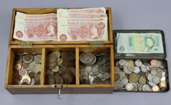 A quantity of British pre-decimal & decimal coins, seven 10/- notes, a £1 note, various foreign