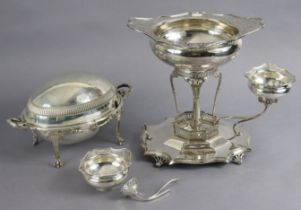 A Mappin & Webb silver plated table epergne, 30.5 cm high; & a silver plated oval breakfast dish,