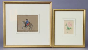 A small 19th century watercolour study of a donkey & rider, 10cm x 12.5cm; & a small botanical study