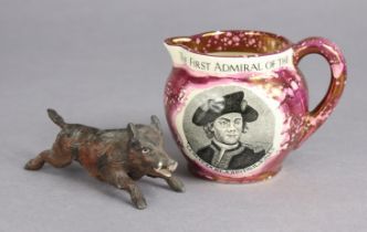 An old castle pink lustreware globular jug inscribed “The First Admiral of American Navy,