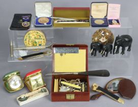 A fountain pen, five various badges & coins; a gilt-metal compact, etc.