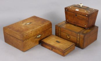 A 19th century rosewood two-division tea caddy, 22cm wide; together with three wooden trinket boxes;