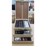 An artist's laminated beech box, containing oils, pastels, brushes and pencils  8"h  12"w