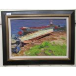 AA*** - a Continental shoreline scene with small beached craft  oil on board  bears an indistinct