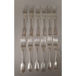 A matched set of twelve Victorian silver fiddle pattern dessert forks  mixed London marks