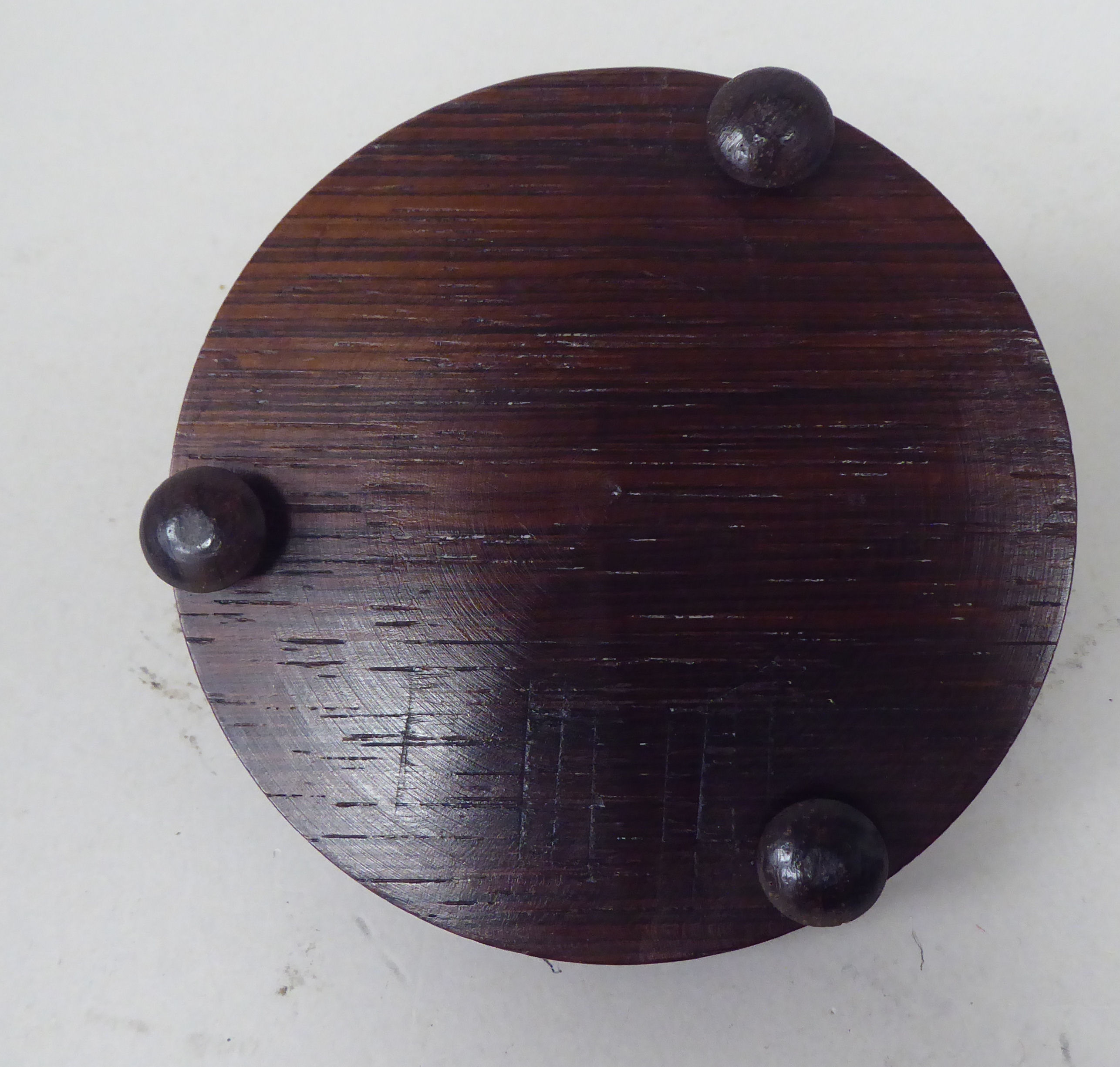 A Tonbridgeware rosewood inkstand with a moulded glass reservoir and cap, on a circular platform, - Image 4 of 6