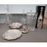Silver plated and glass tableware: to include a pair of decanters with stoppers; and entrée dishes