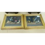 Two similar 20thC Continental still life studies,  fruit and domestic items, on a table  watercolour