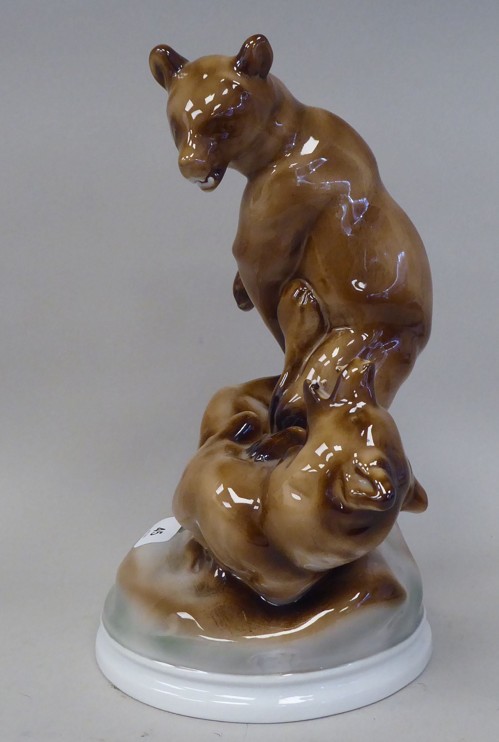 A Zsolnay Pecs porcelain group, two fighting brown bears, on a circular base  bears a printed - Image 2 of 7