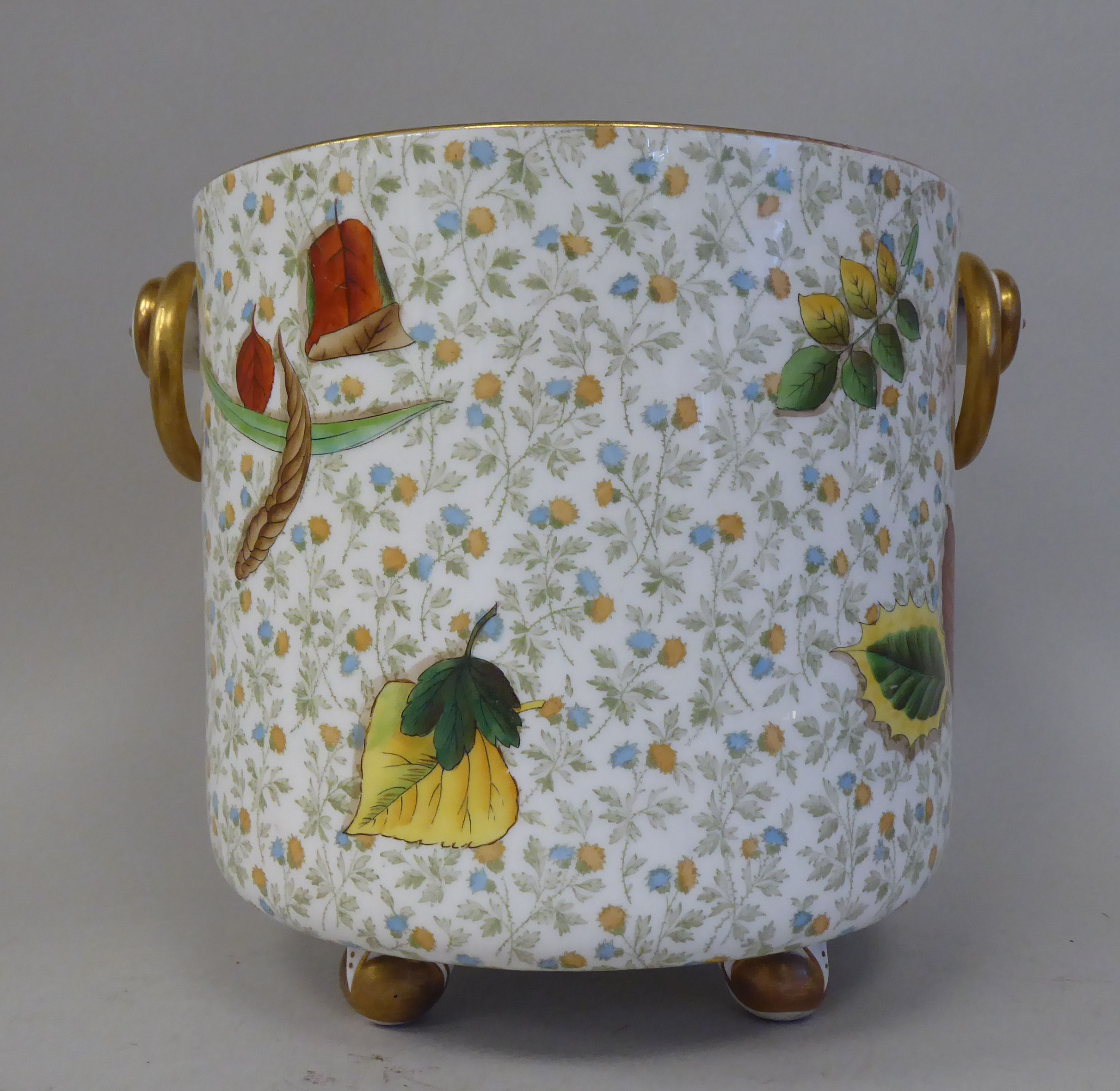 A late 19thC Wedgwood china bucket design planter with straight sides, decorated in autumnal leaves - Image 3 of 7