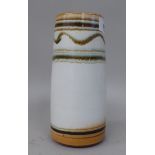 A Guy Sydenham Poole pottery terracotta coloured, cream, brown and blue glazed vase of tapered,