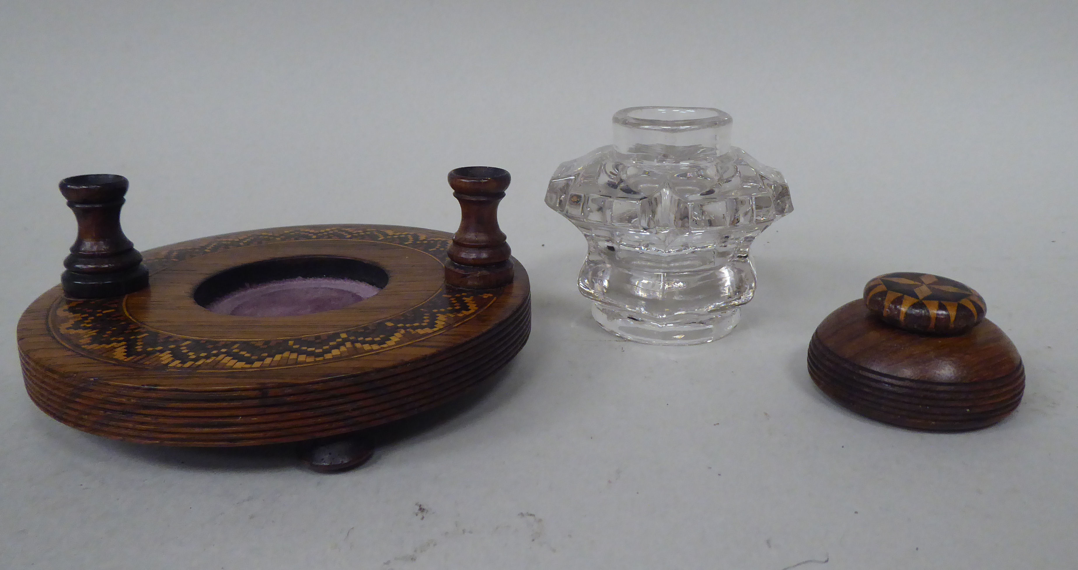 A Tonbridgeware rosewood inkstand with a moulded glass reservoir and cap, on a circular platform, - Image 2 of 6