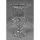 A crystal glass vase of campana design, on a stepped, octagonal pedestal foot  11"h
